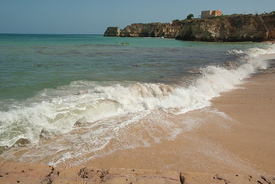 portugal, beach, waves, scum, cliffs, sea, water, land, beauty in nature, HD wallpaper