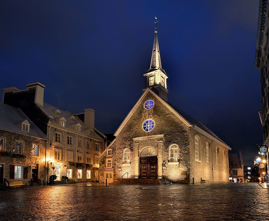 gray concrete church, cathedral, blue, sky, nighttime, city HD wallpaper