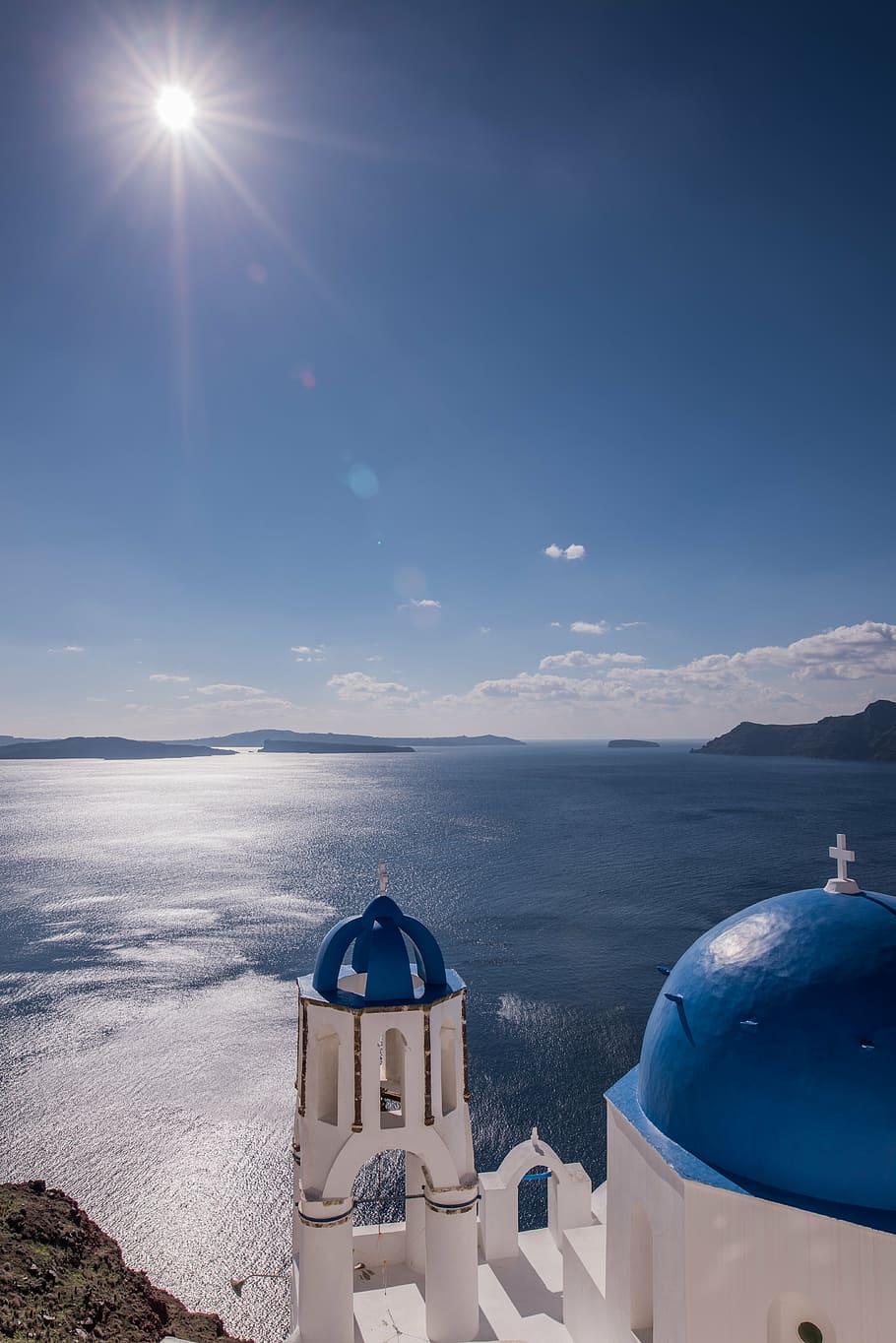 Santorini, Greece, midday sun, blue dome, church, aegean sea