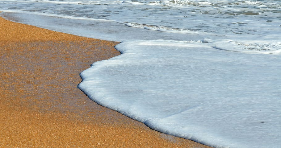 wave kissing shore, ocean, surf, foam, waves, beach, sand, water HD wallpaper