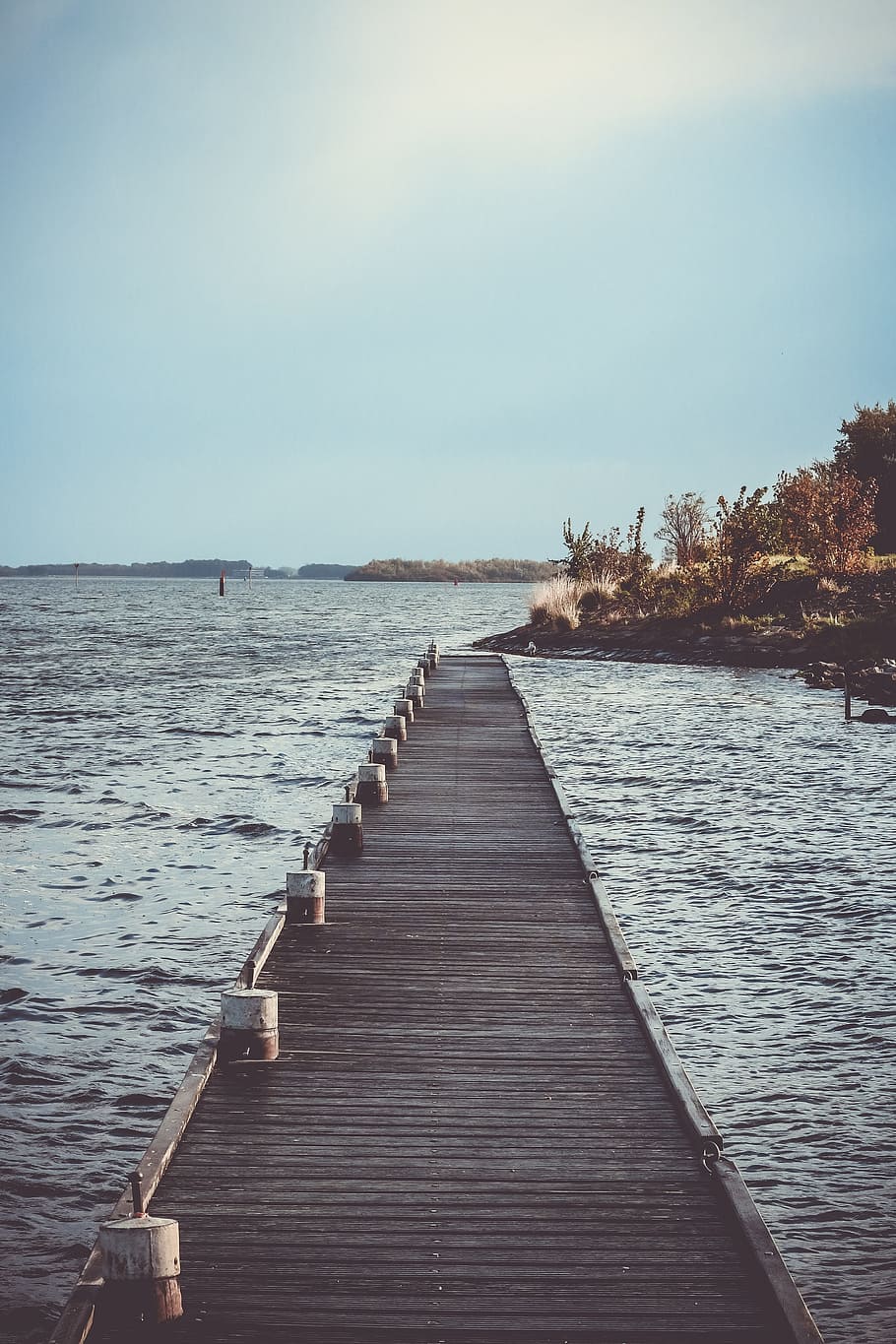 sea, ocean, water, wave, nature, pathway, wood, bridge, mountain HD wallpaper