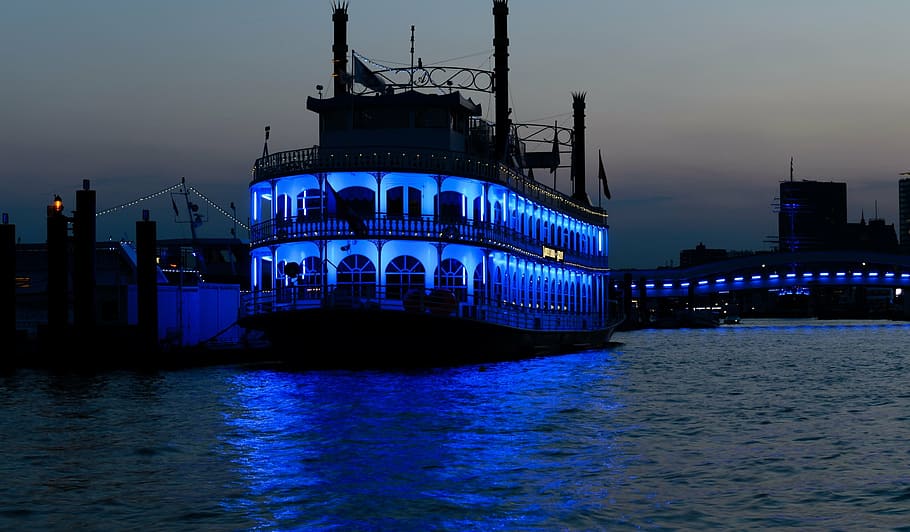 ship, blue, port, night, lighting, boot, river, water, sky HD wallpaper