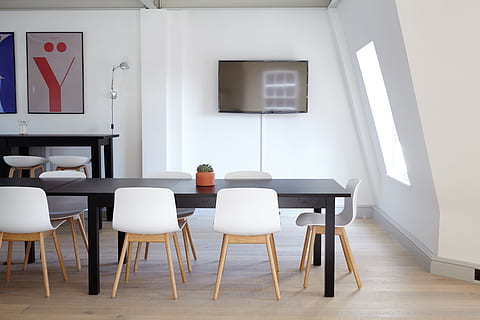 rectangular black wooden dining table and white chairs, interior HD wallpaper