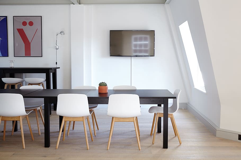 rectangular black wooden dining table and white chairs, interior HD wallpaper