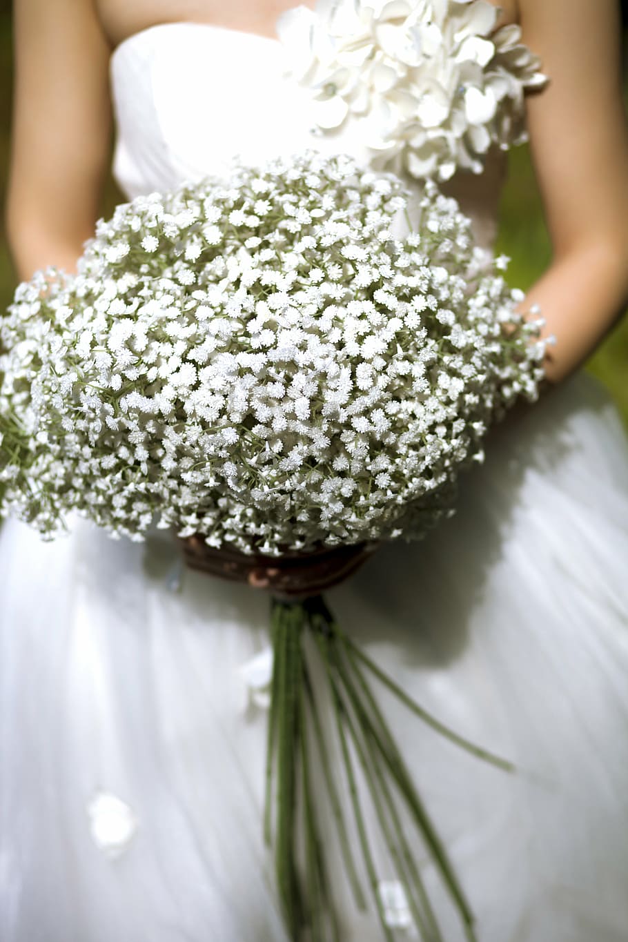 photo of woman wearing white wedding dress holding white petaled flowers bouquet, HD wallpaper