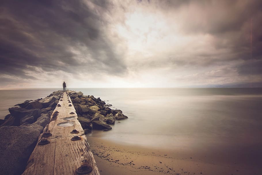 body of water, pier, ocean, clouds, landscape, summer, sky HD wallpaper