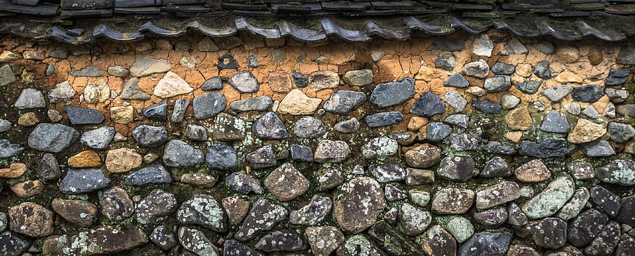 gray and brown concrete wall, roof tile, damme, stone, stone wall