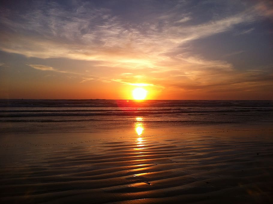 sunset, sea, beach, coast, ocean, glow, orange, reflection HD wallpaper