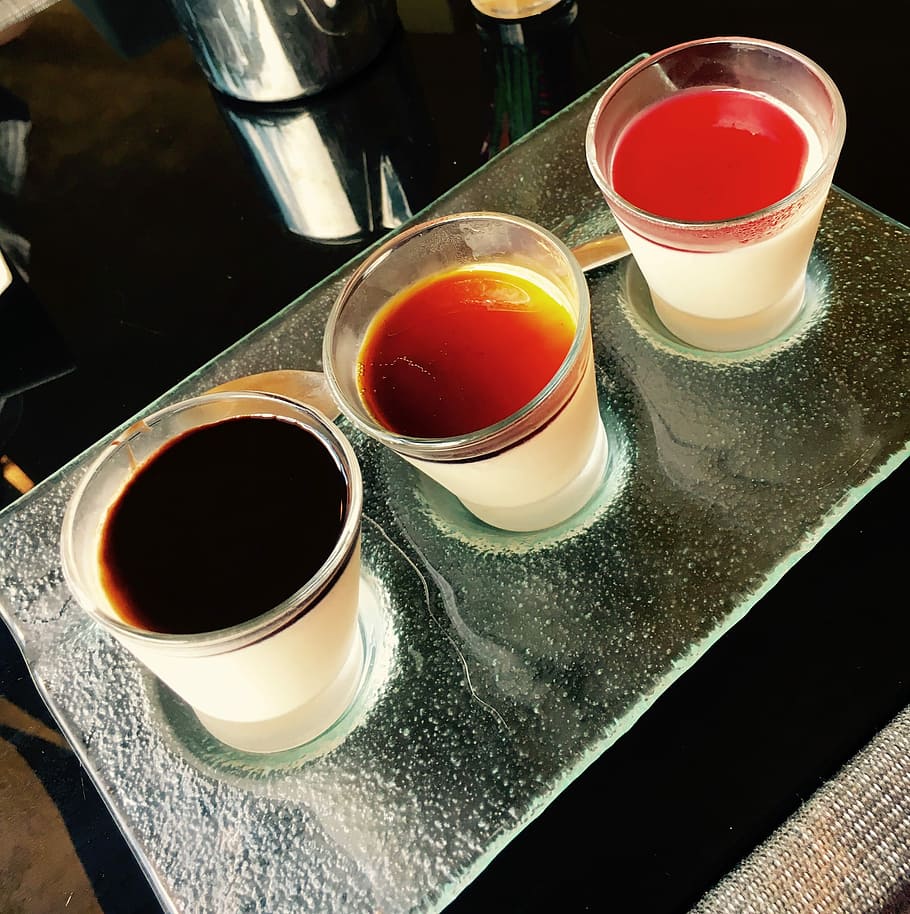 Trio de panacota, drink, cup, red, food and drink, indoors, drinking glass HD wallpaper