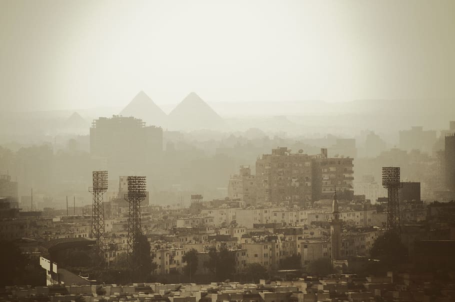 aerial photograph of city tower, kairo, pyramids, egypt, view