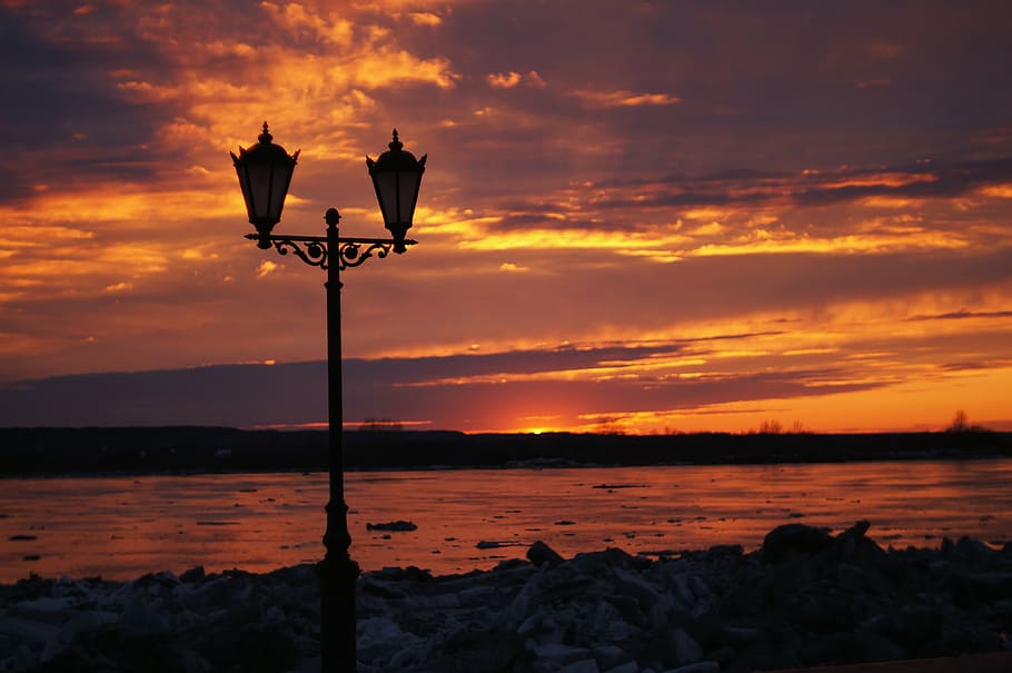 sunset, lantern, river, sky, cloud - sky, orange color, beauty in nature HD wallpaper