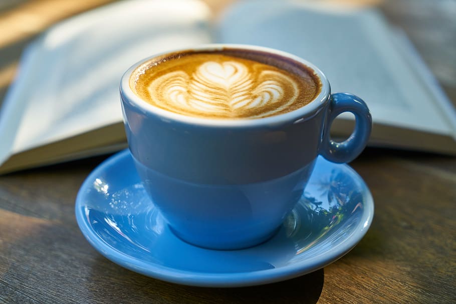 blue ceramic mug filled with coffee on saucer, latte, book, nutrition, HD wallpaper