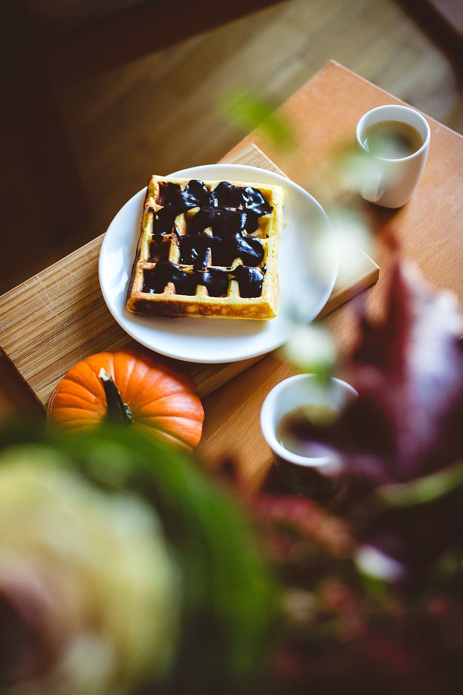 Autumn relax with waffle and coffee, chocolate, dark chocolate