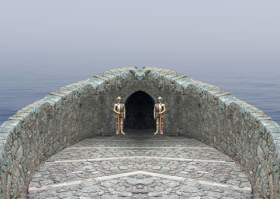 sea, castle, underworld, knight, stones, water, fog, fortress HD wallpaper