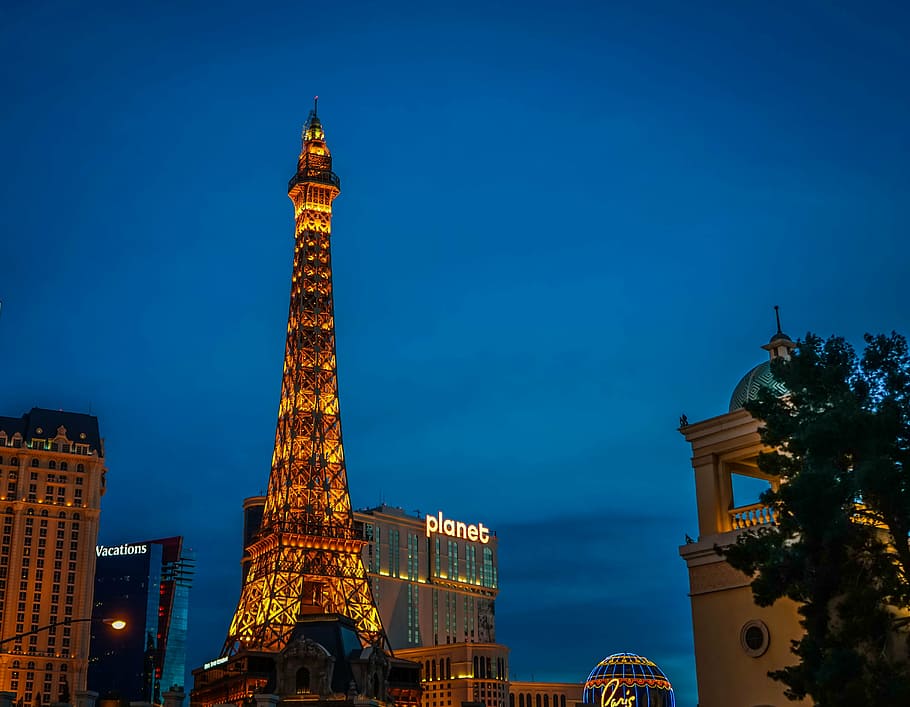 las vegas, eiffel tower, paris, lights, night, famous, casino HD wallpaper