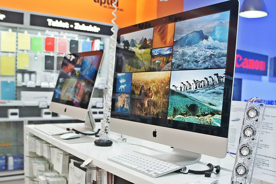 two turned on silver iMac monitors on white wooden desk, Department Store HD wallpaper