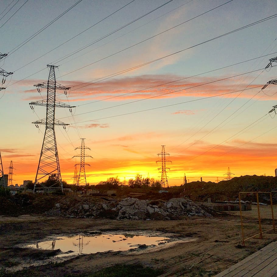 industrial, construction, sunset, electricity, industry, power Line HD wallpaper