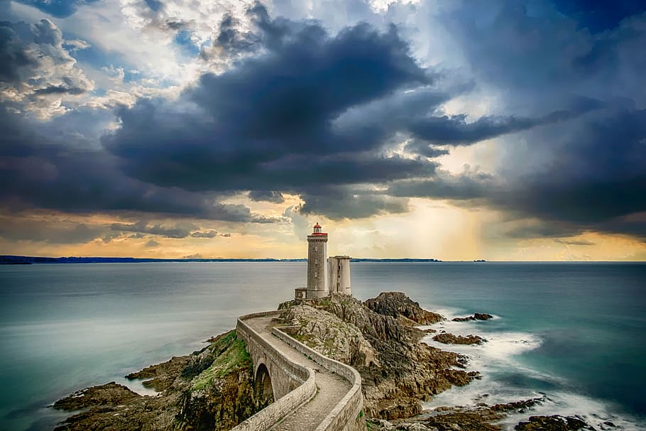 lighthouse near the ocean during daytime, view, coast, sea HD wallpaper