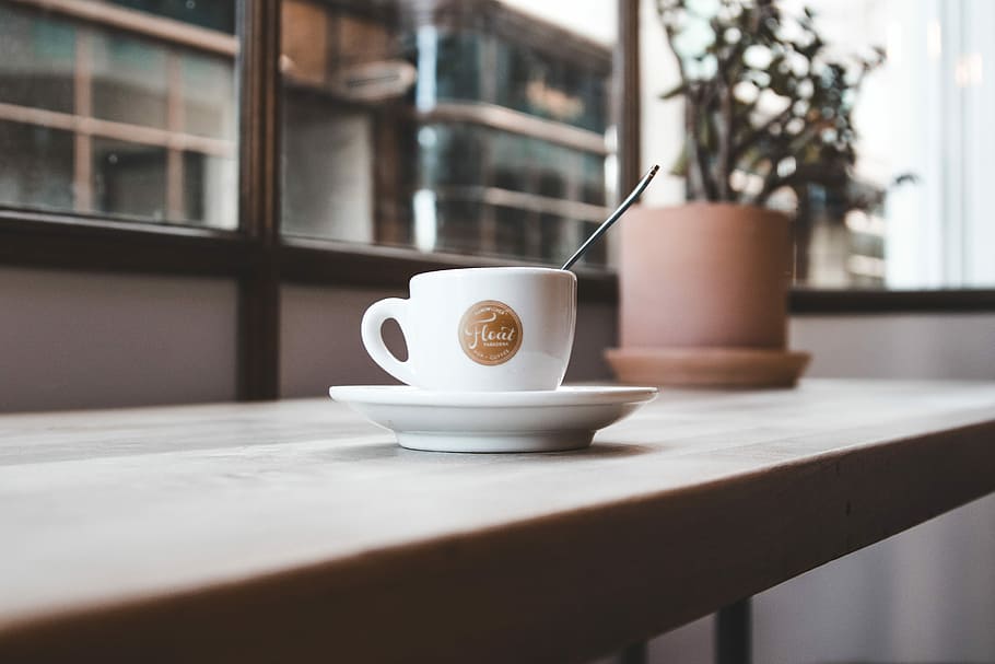 cup with saucer on table, teacup and saucer on top of table, spoon HD wallpaper