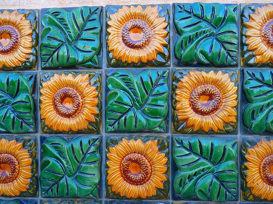 sunflower, tile, tiles, ceramic, green, yellow, decorative HD wallpaper