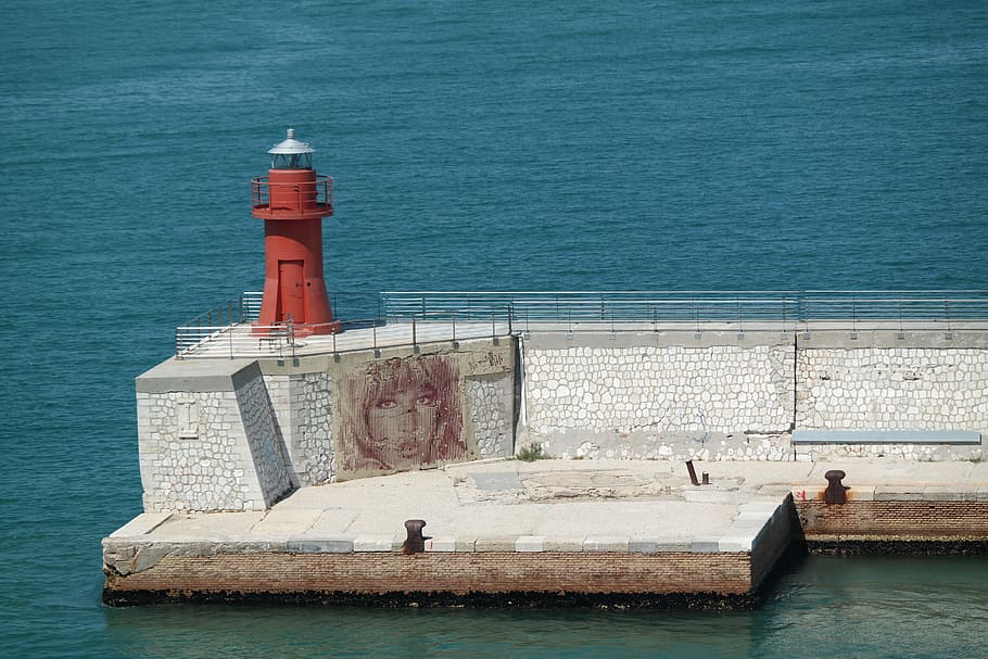 lighthouse, mural, port, artwork, harbour wall, water, sea HD wallpaper