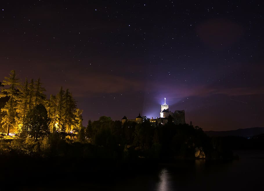 lighthouse during night, photo, village, near, forest, time HD wallpaper