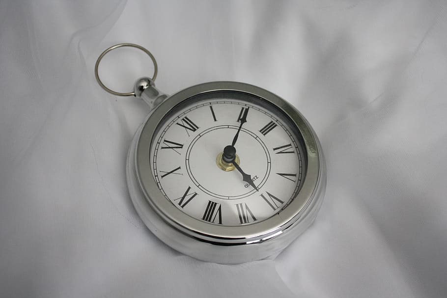 round pocket watch at 6:10, time, clock, hour, evening, stopwatch