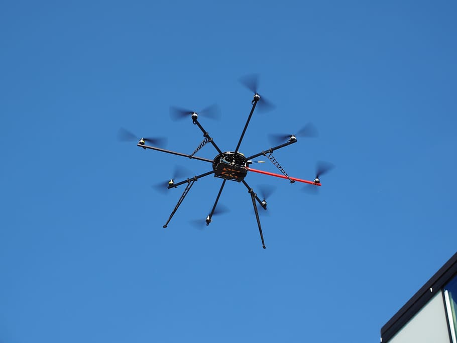 black and red drone at daytime, Drone, Helicopter, Aircraft HD wallpaper