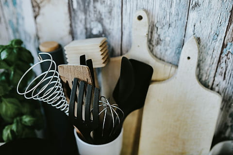 Kitchen utensils and cans by the wall, containers, cooking, spoon HD wallpaper