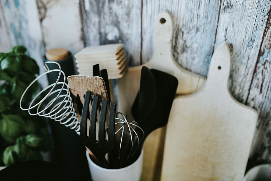 Kitchen utensils and cans by the wall, containers, cooking, spoon HD wallpaper