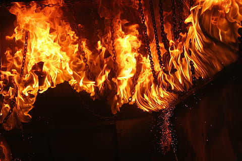 chain with flames, firefighters, training, live, controlled HD wallpaper