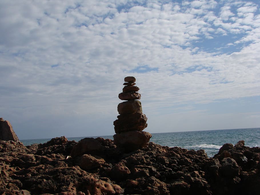 beach, artwork, sea, clouds, horizon, stones, sky, rock, solid HD wallpaper