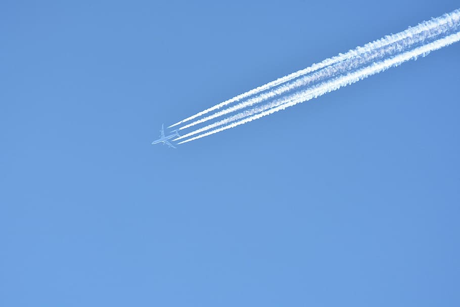 aircraft, contrail, sky, fly, flight, blue, flyer, partly cloudy HD wallpaper