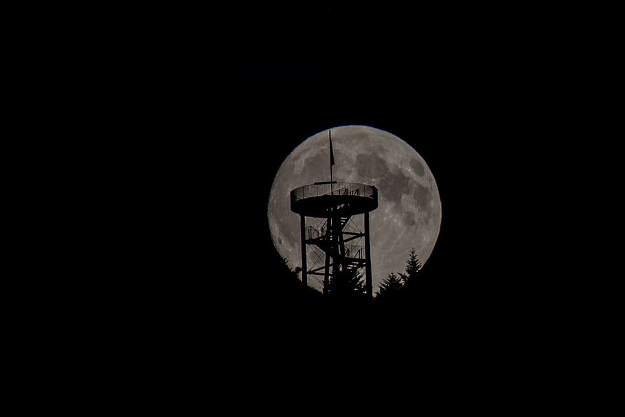 full moon, tower, architecture, silhouette, mood, sky, night HD wallpaper