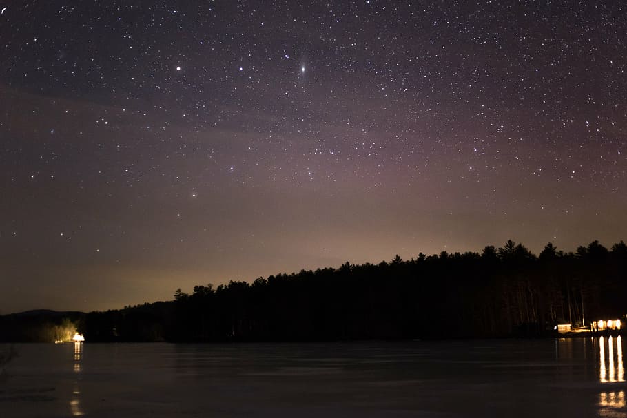 lake, lights, night, silhouette, sky, stars, trees, star - Space HD wallpaper