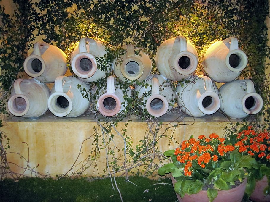 wall, pottery, pots, decoration, white, rustic, space, vase HD wallpaper