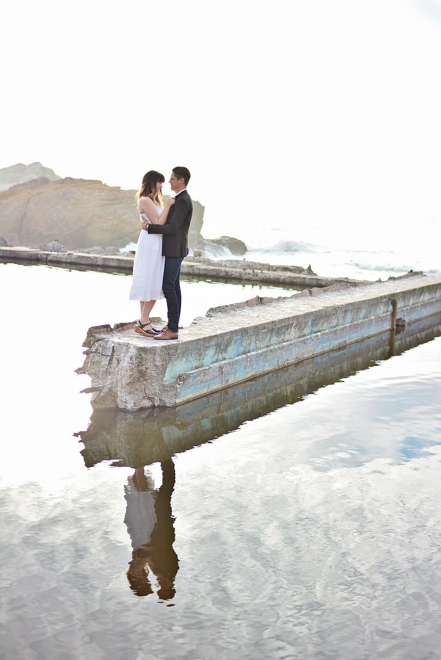 couple standing on dock, engagement, love, reflection, wedding HD wallpaper