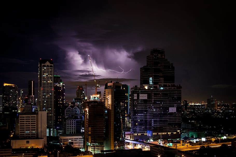 photo of cityscape, bird's eye view photography of town during nighttime HD wallpaper