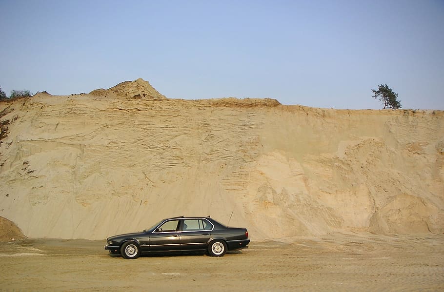 bmw, e32, 750il, v12, highline, auto, desert, car, sand, land Vehicle HD wallpaper