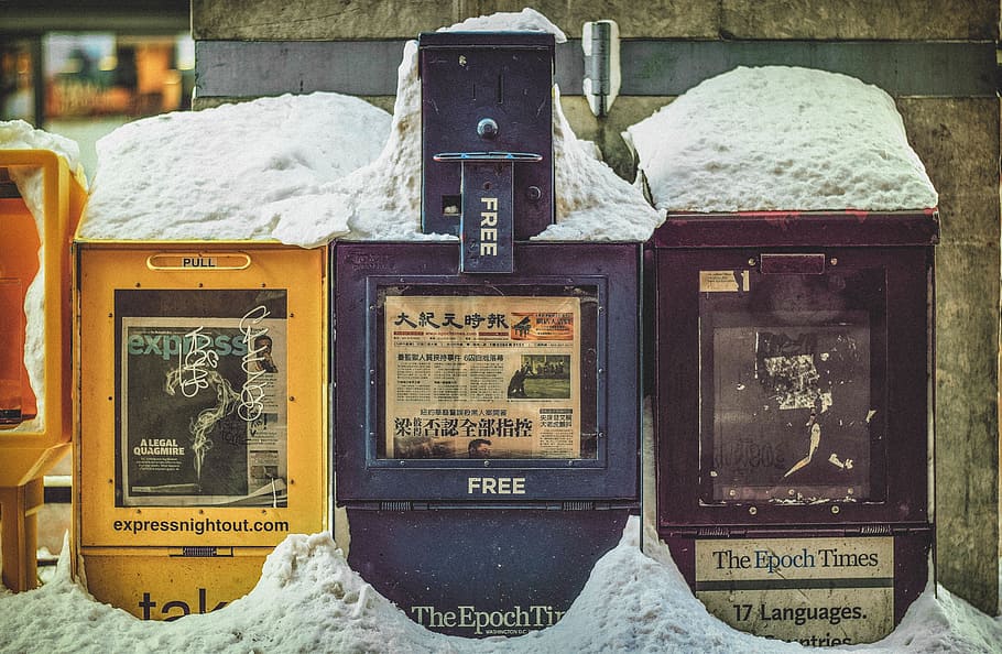 three assorted mail boxes covered by snow, newspaper machine HD wallpaper