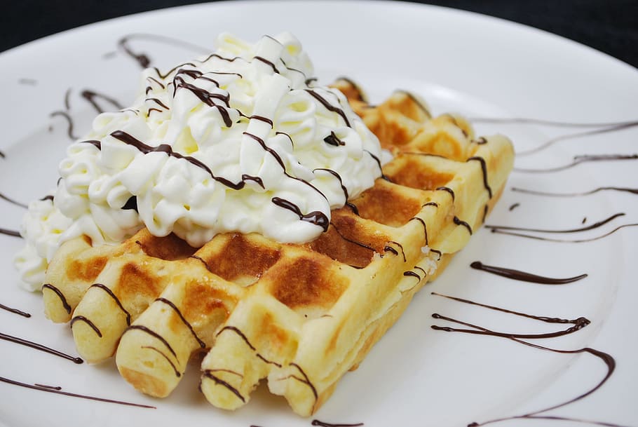 pancake on plate with icing top, Waffles, Cream, waffle plate, HD wallpaper