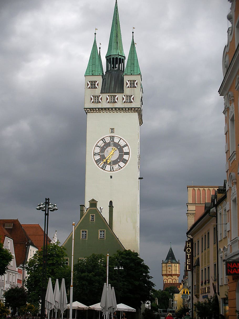 straubing, germany, clock, bell tower, people, chimes, time, HD wallpaper