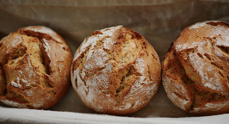 three baked pastries, bread, roll, rye, crispy, crust, baked goods HD wallpaper