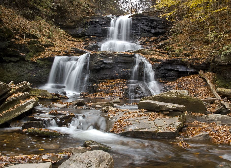 waterfall, cascade, stream, flow, rock, flowing, fall background HD wallpaper