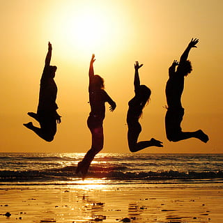 silhouette of four people jumping, sunset, beach, group, friends HD wallpaper