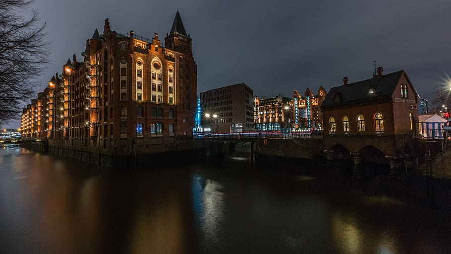city, river, bridge, waters, reflection, speicherstadt, hamburg HD wallpaper