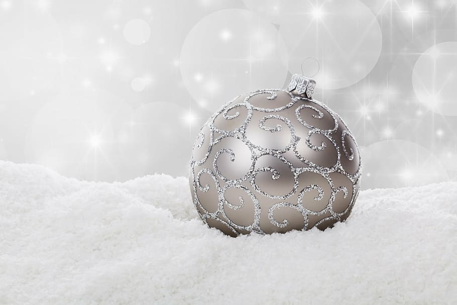gray bauble on white powder, christmas, snow, decoration, holiday, HD wallpaper