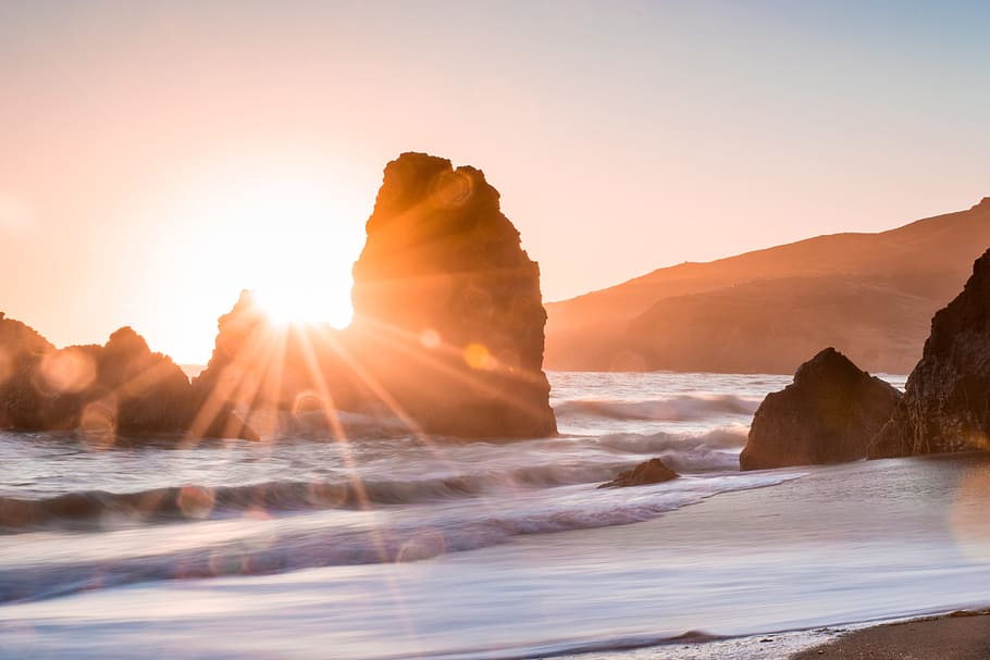 sunlight, sunset, rock, formation, sea, water, mountain, wave HD wallpaper