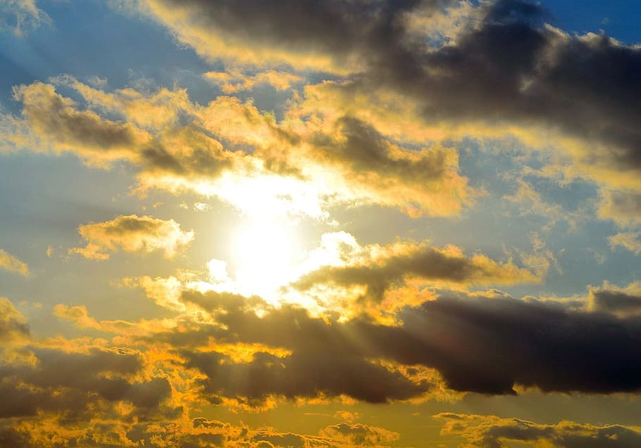 Evening, Clouds, Sun, Card, blue, sky, background, night, red HD wallpaper