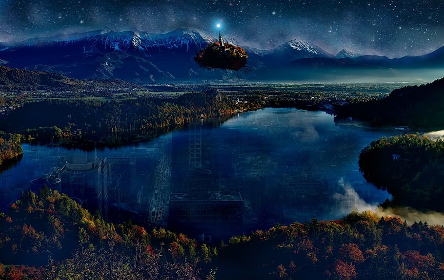 body of water near mountain under starry night, Island, Science Fiction